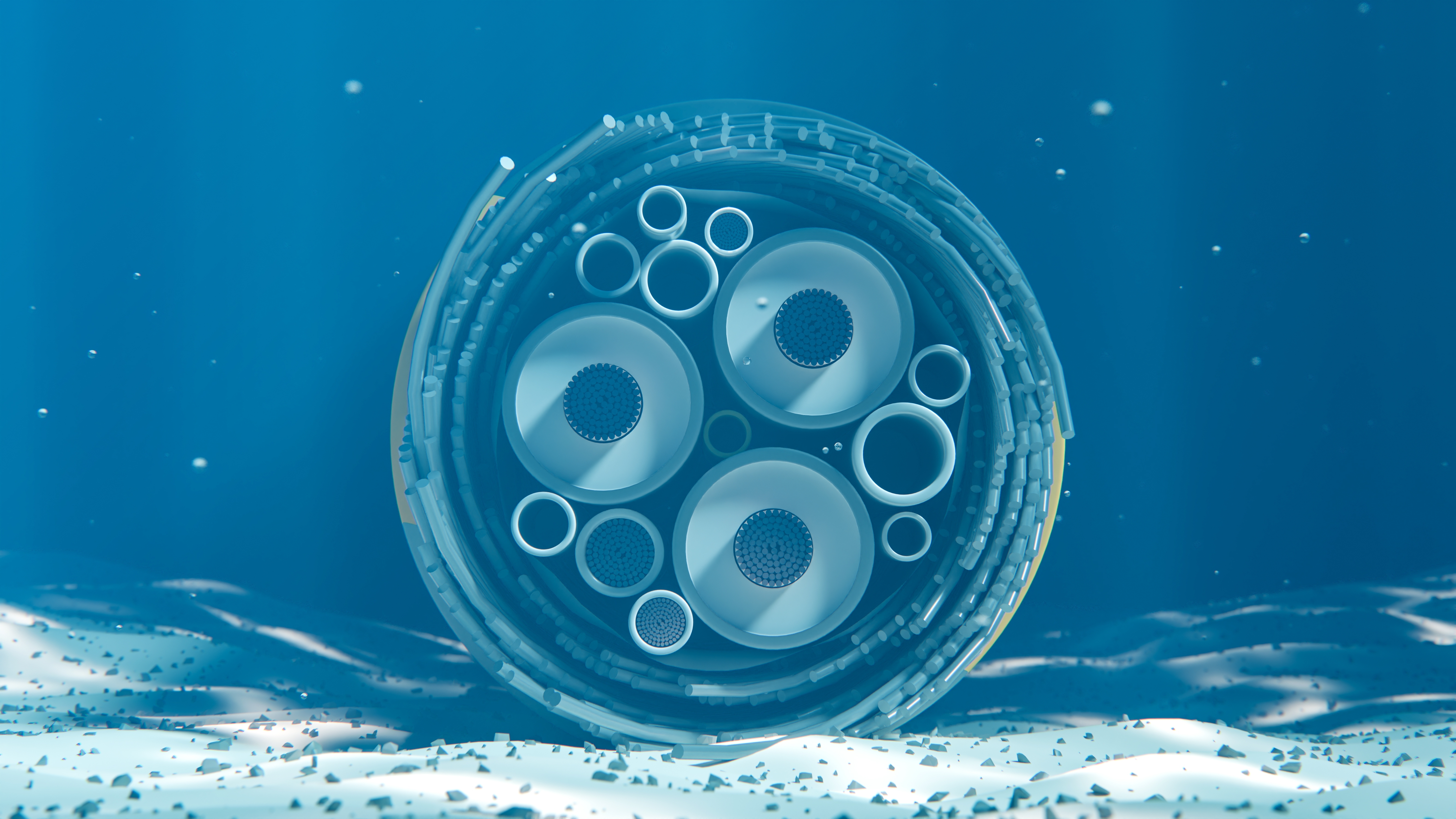 3D rendering of a section of an underwater internet communication cable on the seabed in the ocean