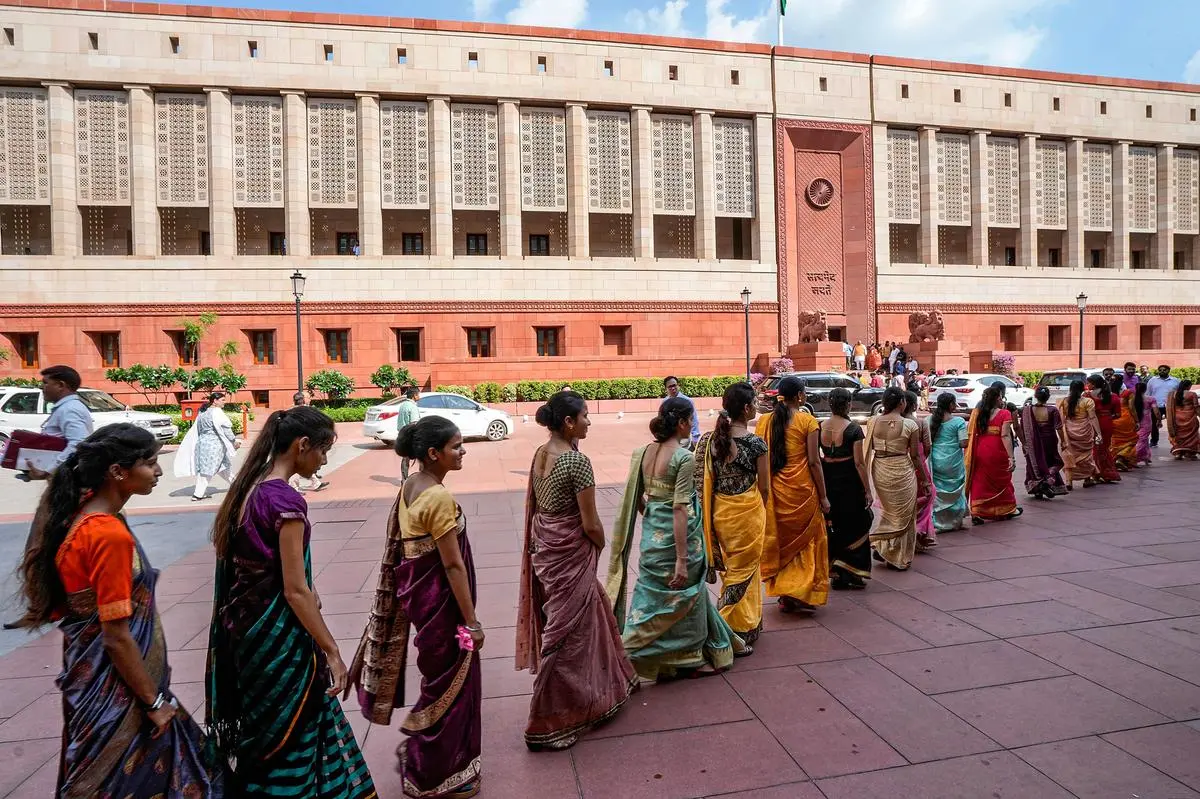 Women visitors enter Parliament House on the day of a debate on the women’s reservation Bill, during a special session on September 20, 2023. Women visitors enter Parliament House on the day of a debate on the women’s reservation Bill, during a special session on September 20, 2023.