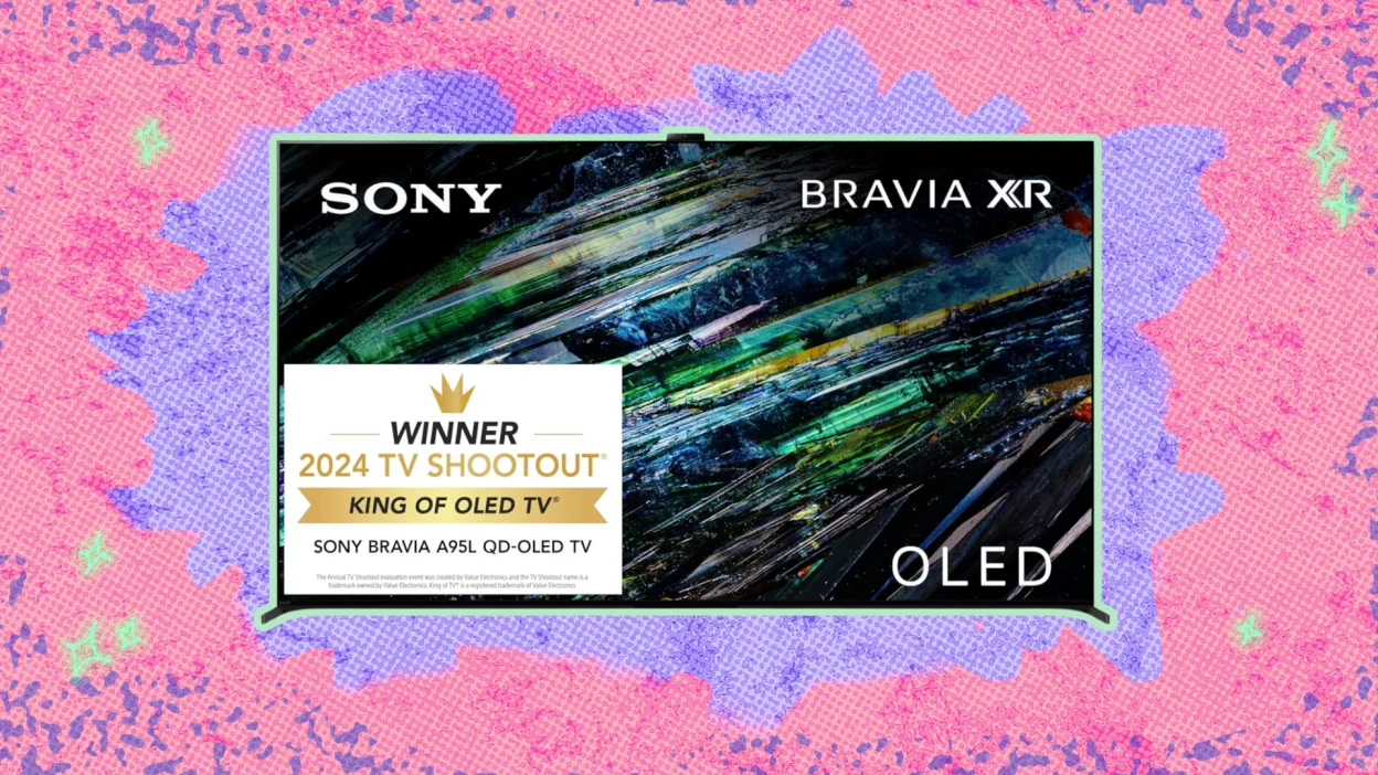 A 77-inch Sony TV against a colorful background.