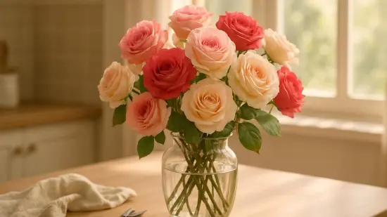 Un ramo de rosas en un jarrón de cristal sobre una mesa con luz natural.