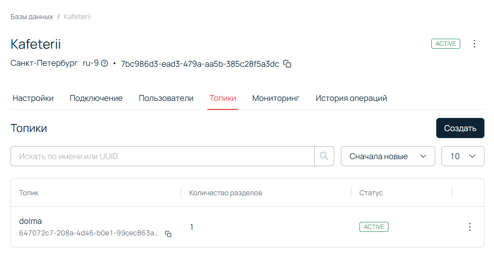 Созданный топик в панели управления. Созданный топик в панели управления.