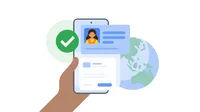 A graphic of a person holding a phone with a digital ID coming off of the screen
