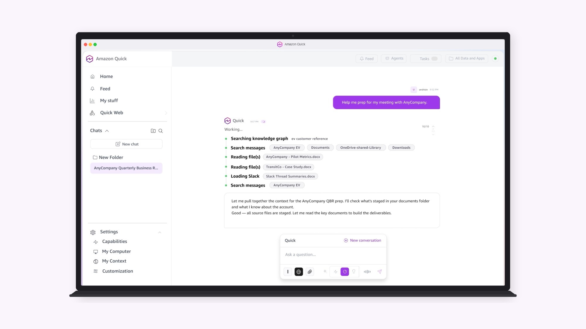 Amazon Quick application interface showing chat conversations and a task list with search and reading file activities