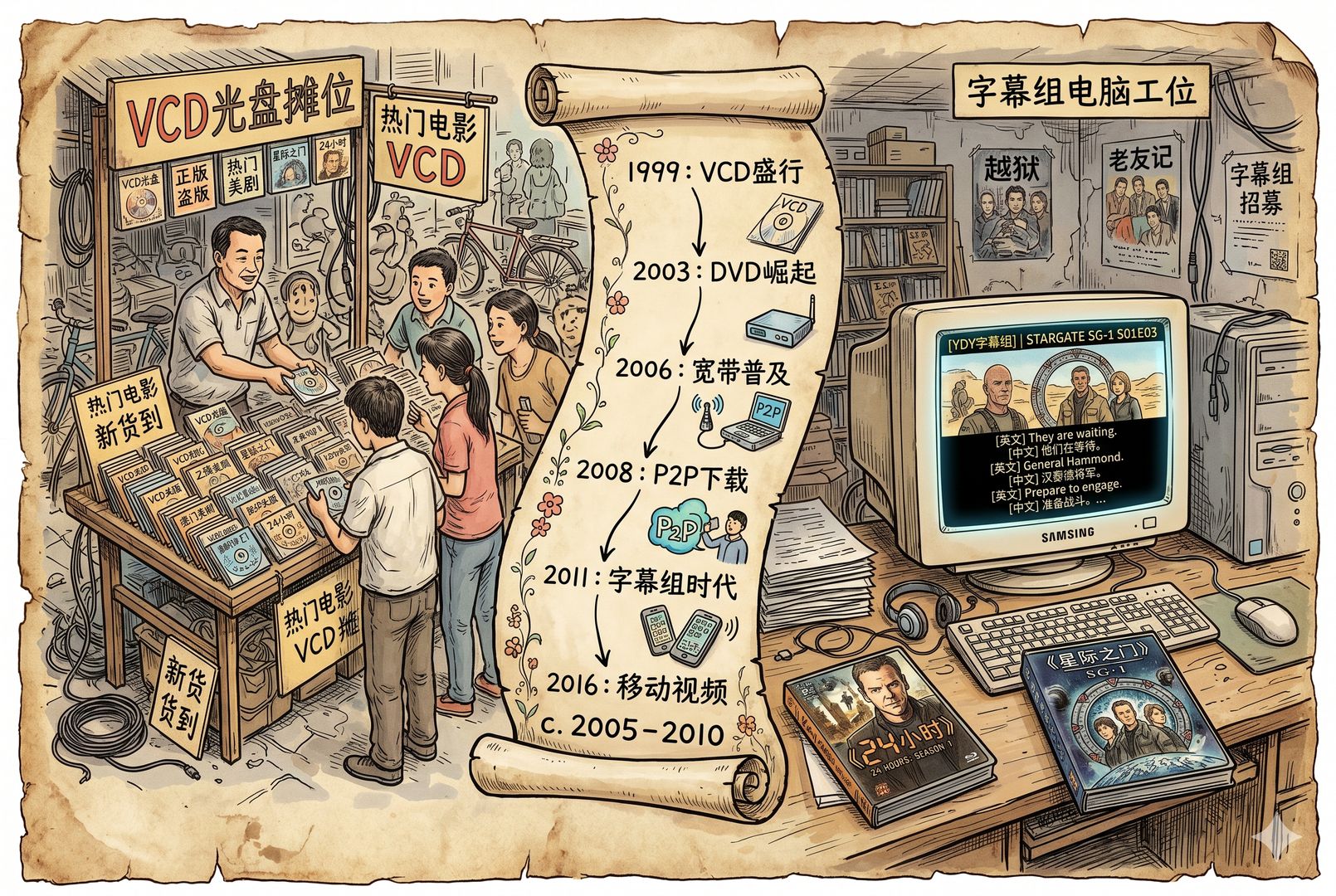 一张时间长卷从VCD光盘摊位延伸到字幕组电脑工位,老式CRT显示器上滚动字幕,旁边摆着《24小时》和《星际之门》碟盒,羊皮纸,钢笔彩色手绘的统一风格。
