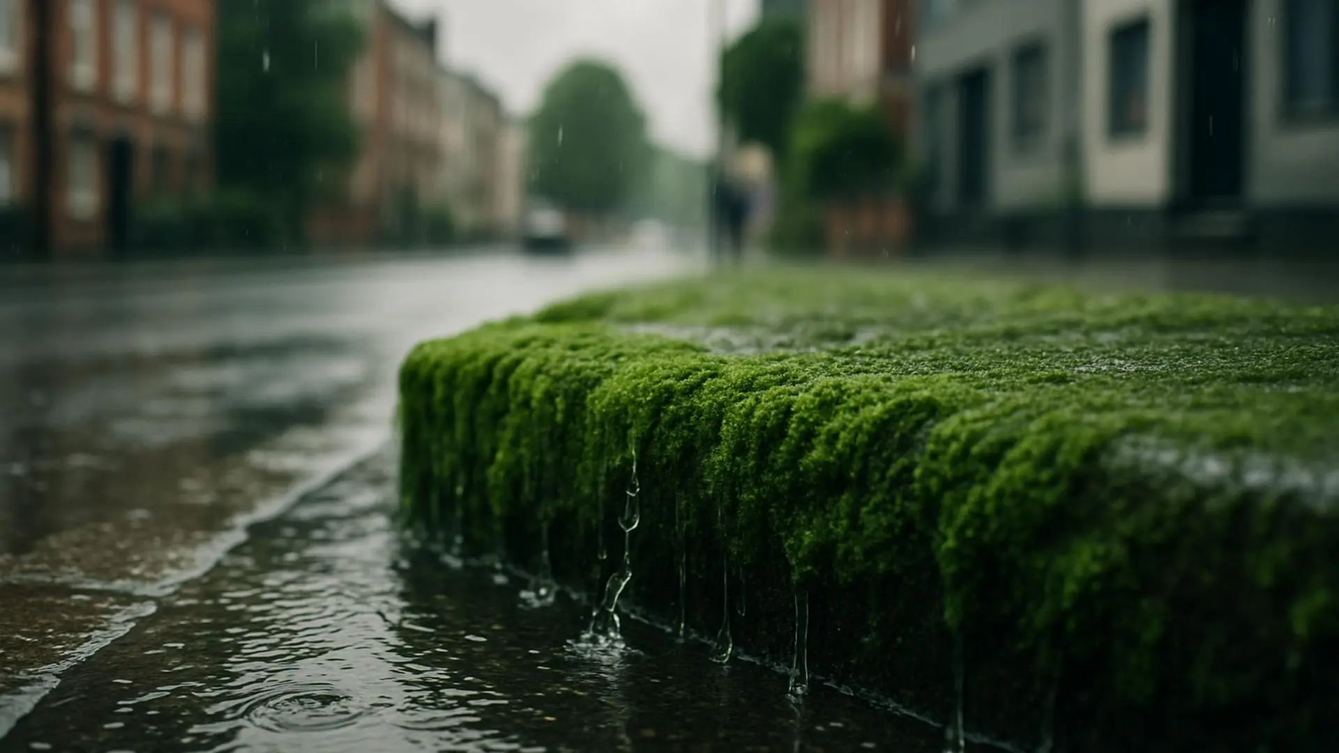 Paneles de musgo mojado en una calle urbana durante la lluvia, capturando agua antes de llegar al asfalto.