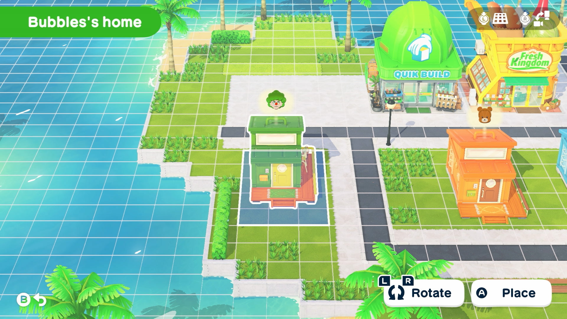 A 'Bubbles's home' interface in the game displays a customizable house placement on a grid landscape with options to 'Rotate' and 'Place'.