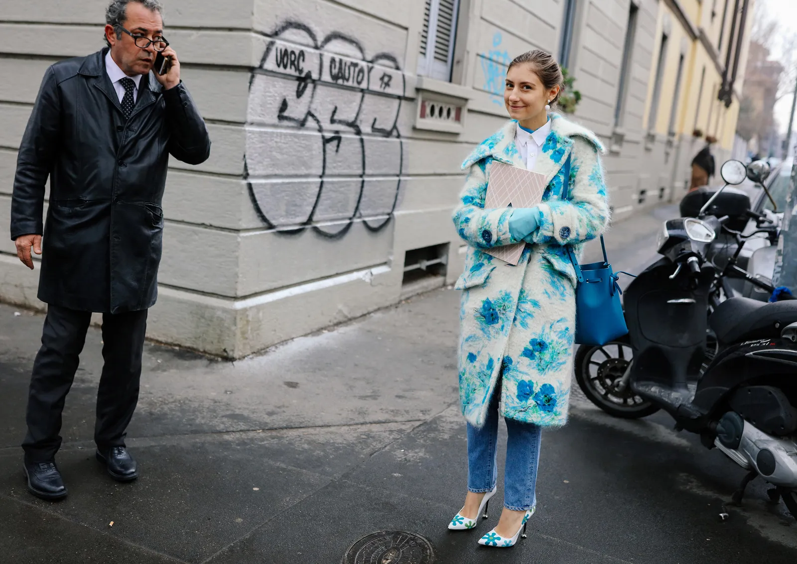 Jenny Walton in a Prada coat with a Mansur Gavriel bag