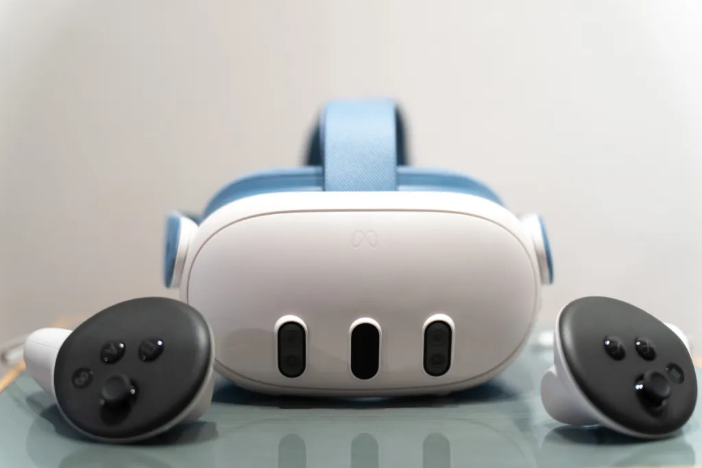 The Meta Quest 3 mixed reality headset viewed from the front