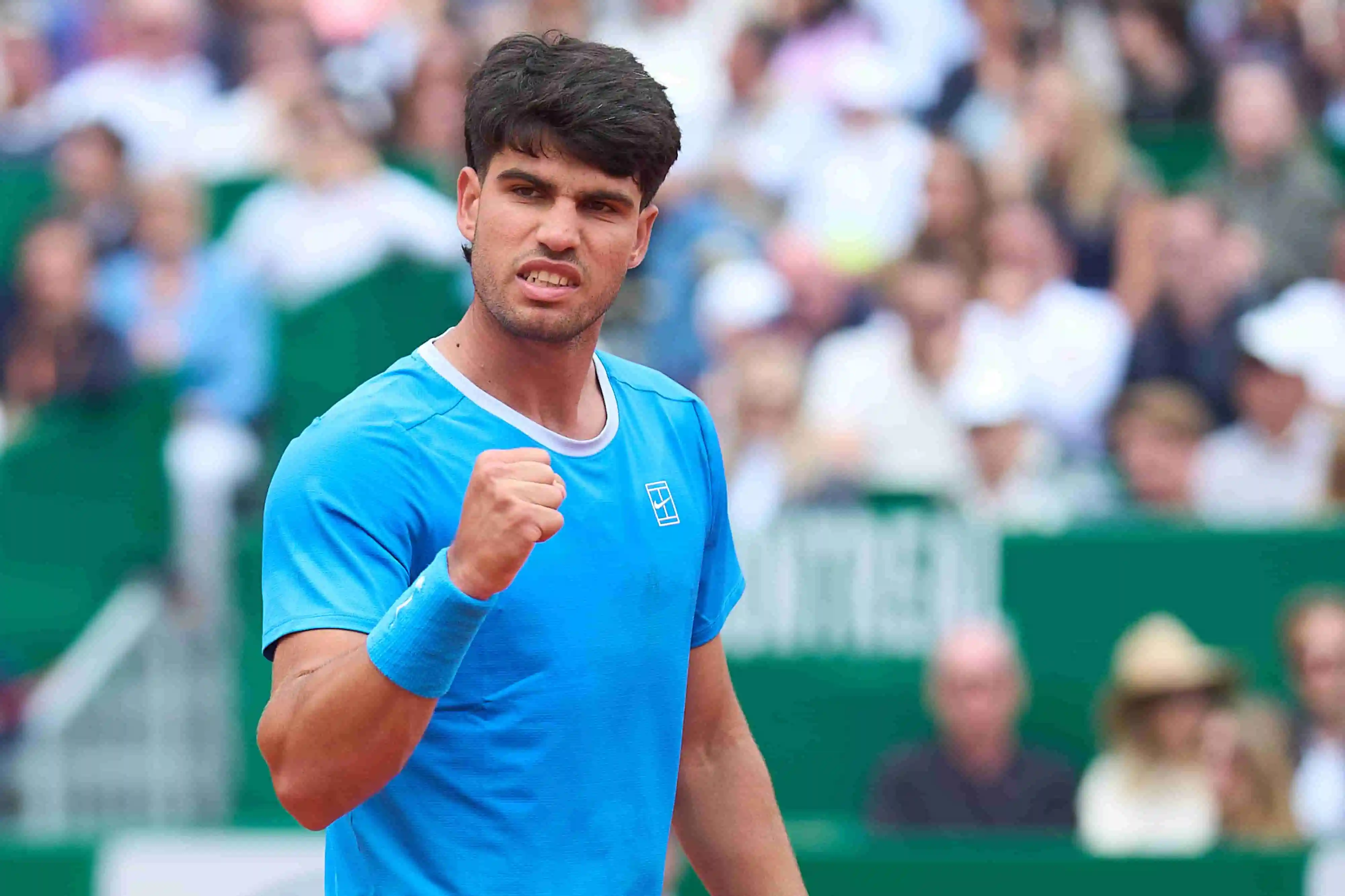 MONTE-CARLO, MONACO - APRIL 07: Carlos Alcaraz of Spain celebrates a point during his Round of 32 match against Sebastian Baez of Argentina on day three of the Rolex Monte-Carlo Masters at Monte-Carlo Country Club on April 07, 2026 in Monte-Carlo, Monaco. (Photo by Mateo Villalba/Getty Images)