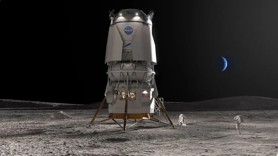 A two-stage capsule on the moon with two small astronauts outside.