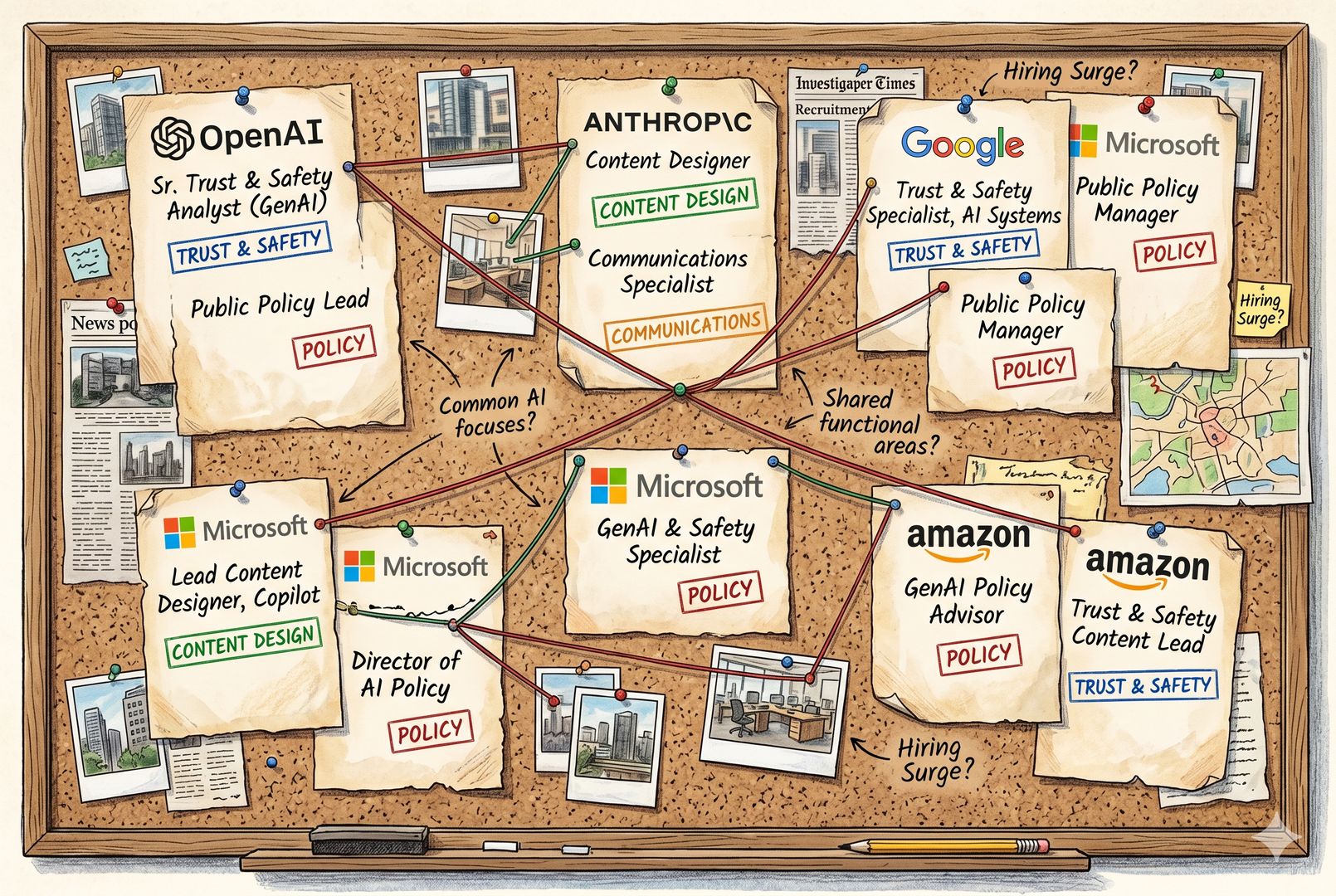 多家公司招聘页面拼贴成一面墙,OpenAI、Anthropic、Google、Microsoft、Amazon 的职位卡片钉在软木板上,标签写着传播、内容设计、政策、信任安全,像一张调查记者整理出的证据墙,羊皮纸,钢笔彩色手绘的统一风格。