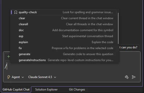 Copilot Chat slash command menu in Visual Studio showing available commands such as quality check, clear, explain, fix, and generate, with Agent mode enabled and Claude Sonnet 4.5 selected in the chat input area.