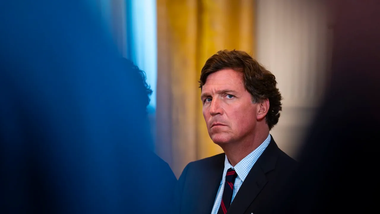 Tucker Carlson, former FOX News host and current host of The Tucker Carlson Show, attends a meeting with oil executives in the East Room of the White House on January 9, 2026 in Washington, DC.