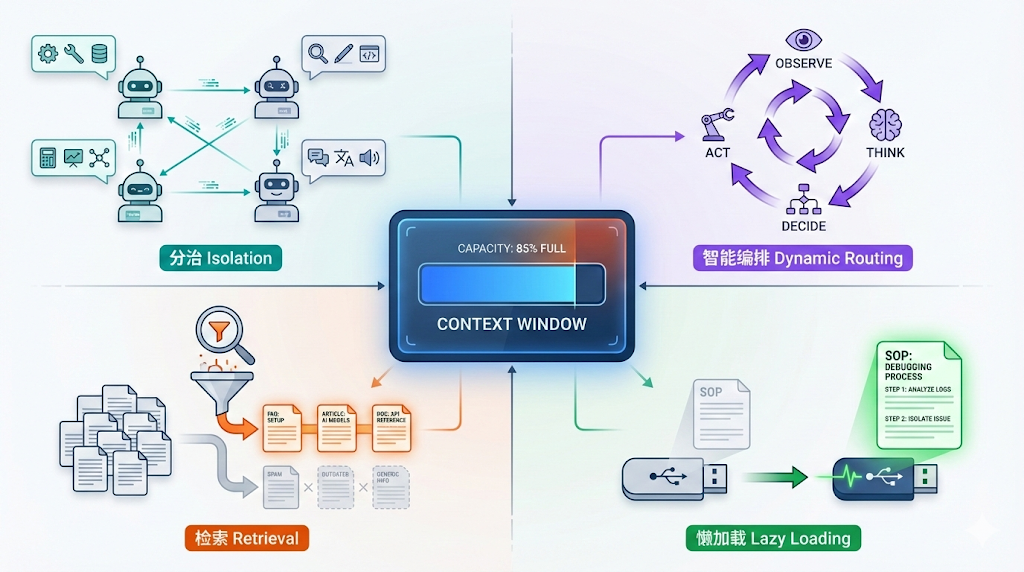 Context Window Management Strategy Overview: Multi-Agent (divide and conquer), Agentic Workflow (intelligent orchestration), RAG (on-demand retrieval), and Skills (lazy loading) - four approaches revolving around the limited Context Window