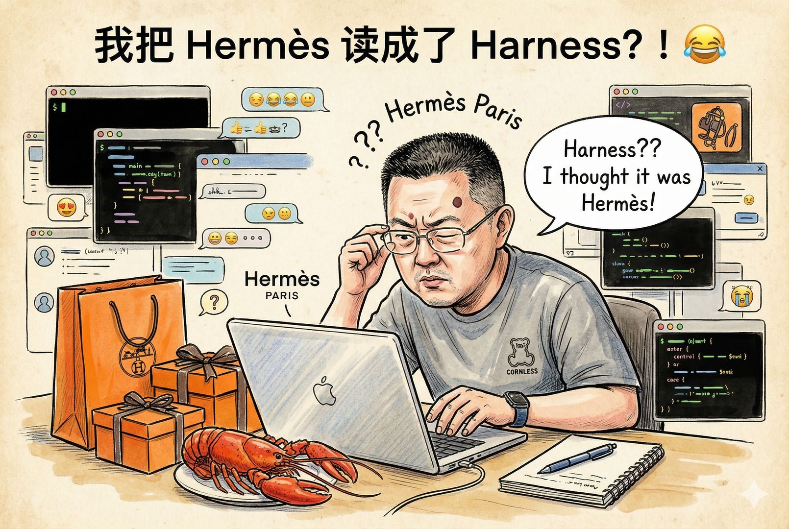 一张夸张幽默的封面画面,讲述者坐在书桌前眯着眼看屏幕,把“Hermes”误读成“Harness”,桌上一边摆着奢侈品橙色礼盒,一边摆着红色龙虾和笔记本电脑,背景是终端窗口与聊天气泡交错,羊皮纸,钢笔彩色手绘的统一风格。