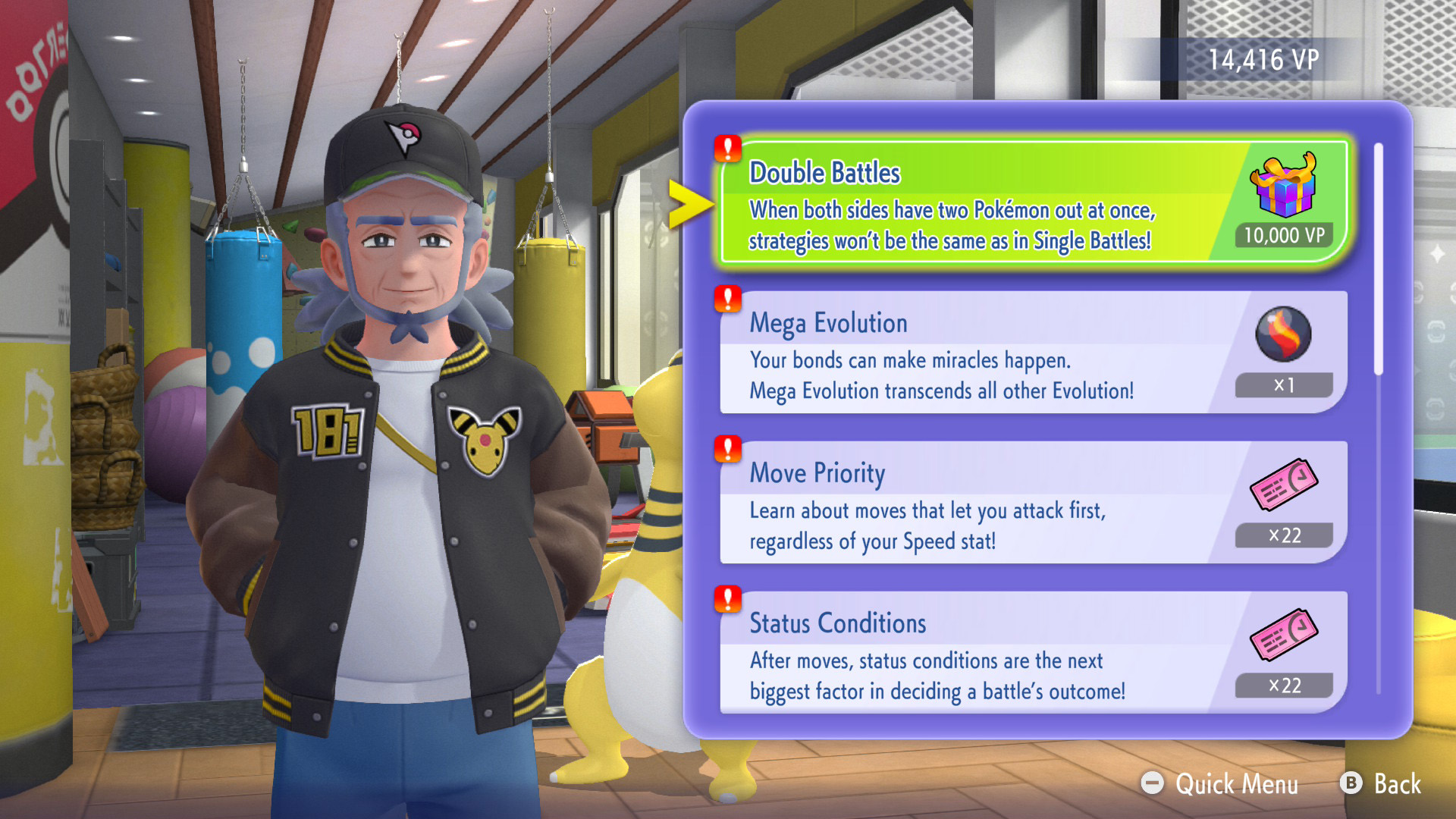 A character in the Pokémon game stands in a gym-like setting next to a menu featuring 'Double Battles' with the text When both sides have two Pokémon out at once, strategies won’t be the same as in Single Battles! and an item valued at '10,000 VP'.