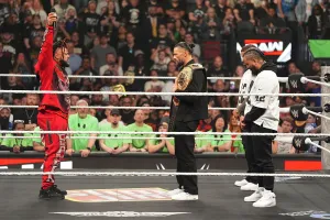 LAS VEGAS, NEVADA - APRIL 20: Jacob Fatu face off against Roman Reigns, Jey Uso, and Jimmy Uso during Monday Night RAW at T-Mobile Arena on April 20, 2026 in Las Vegas, Nevada. (Photo by Georgiana Dallas/WWE via Getty Images)