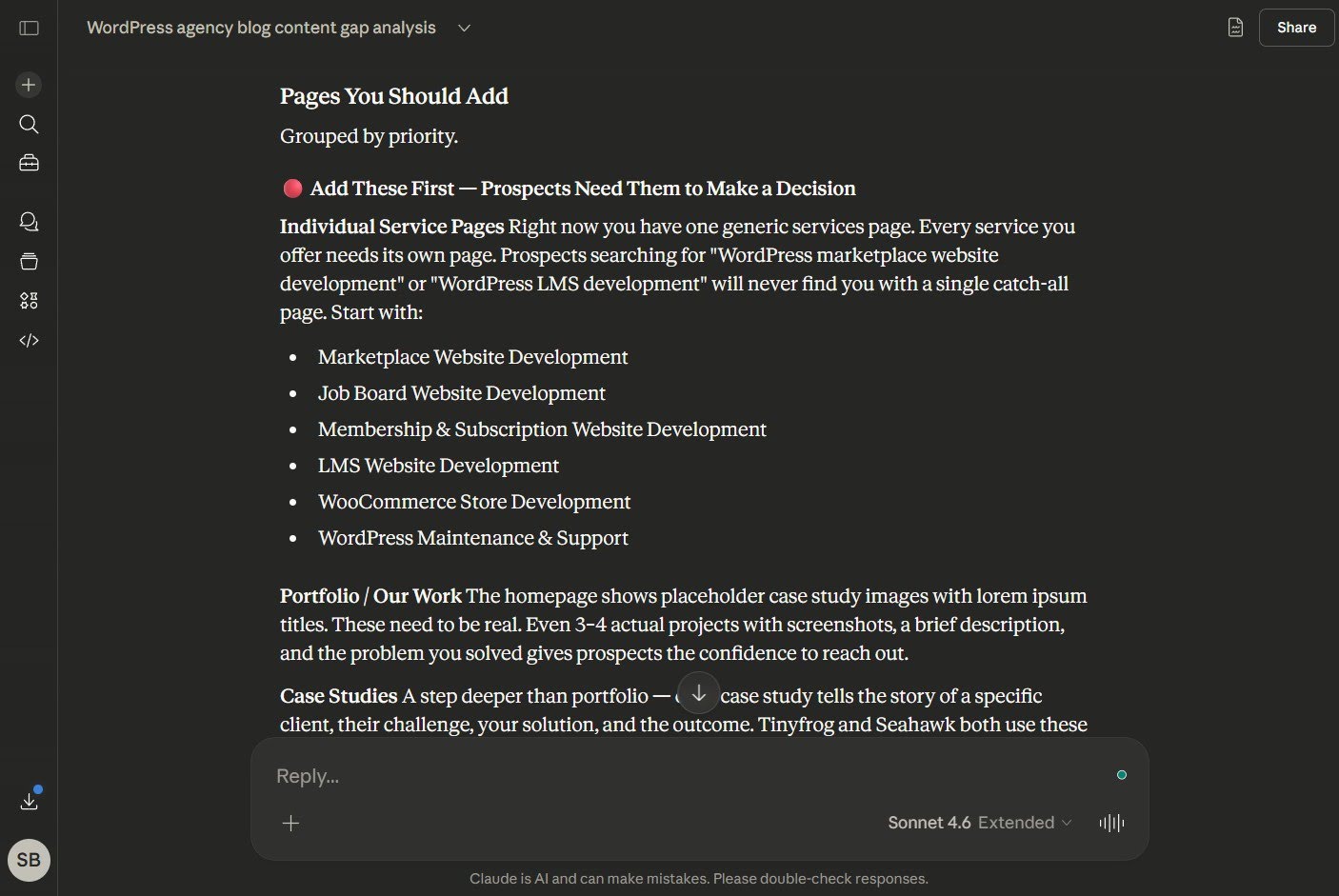 Screenshot of Claude's suggested pages to add.