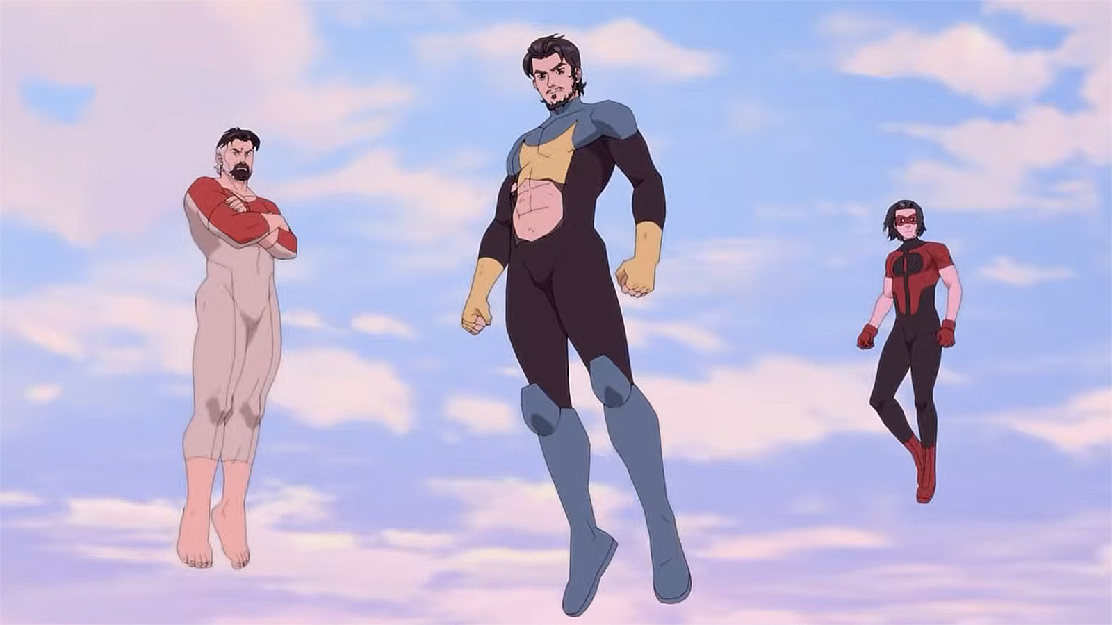 Nolan, Mark, and Oliver hovering in the sky over Talescria in Invincible season 4 episode 6