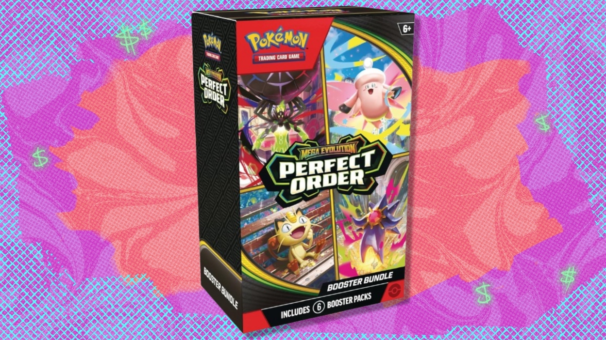 The Pokémon TCG Mega Evolution — Perfect Order Booster Bundle on a red, blue, and purple background