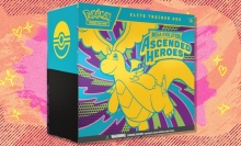 The Pokémon TCG: Mega Evolution — Ascended Heroes Elite Trainer Box on a red and orange background