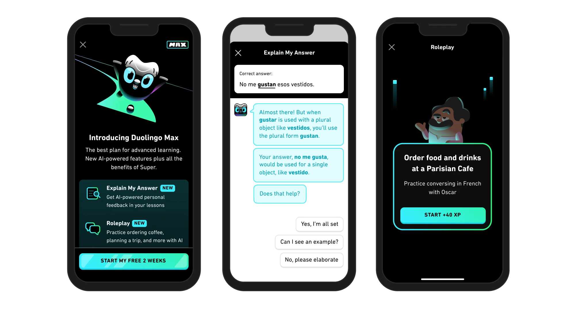 DuolingoMax mobile screens