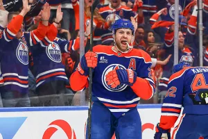EDMONTON, AB - APRIL 20: Edmonton Oilers Center Leon Draisaitl (29) celebrates a goal in the first period of the during the Edmonton Oilers versus Anaheim Ducks game one Stanley Cup Playoffs First Round game on April 20, 2026 at Rogers Place in Edmonton, AB. (Photo by Curtis Comeau/Icon Sportswire via Getty Images)