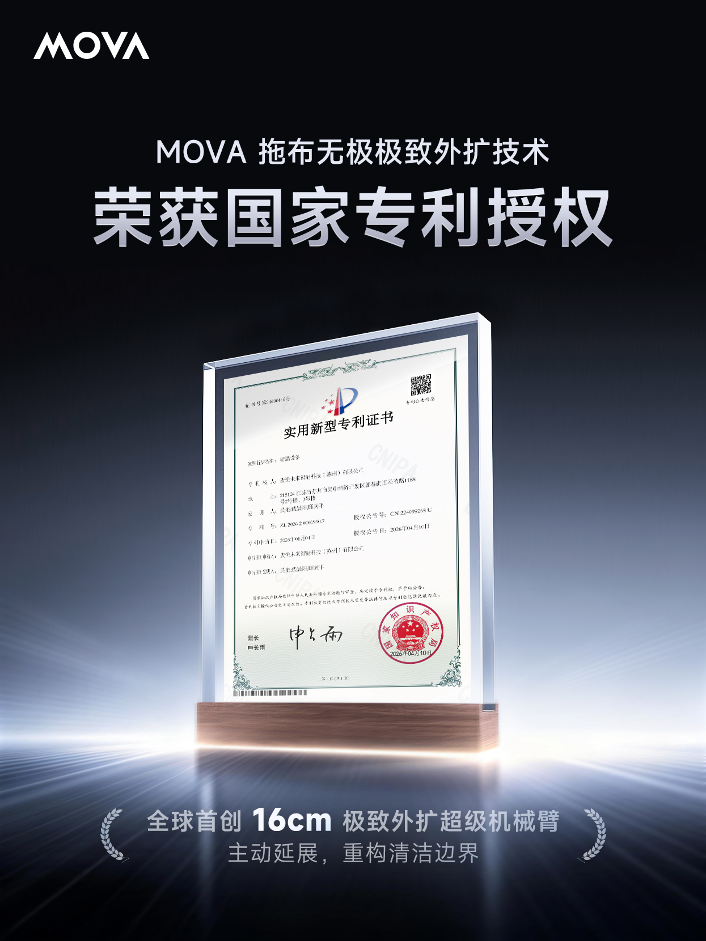 MOVA全球首创技术获批国家专利!16cm极致外扩超级机械臂重构清洁边界