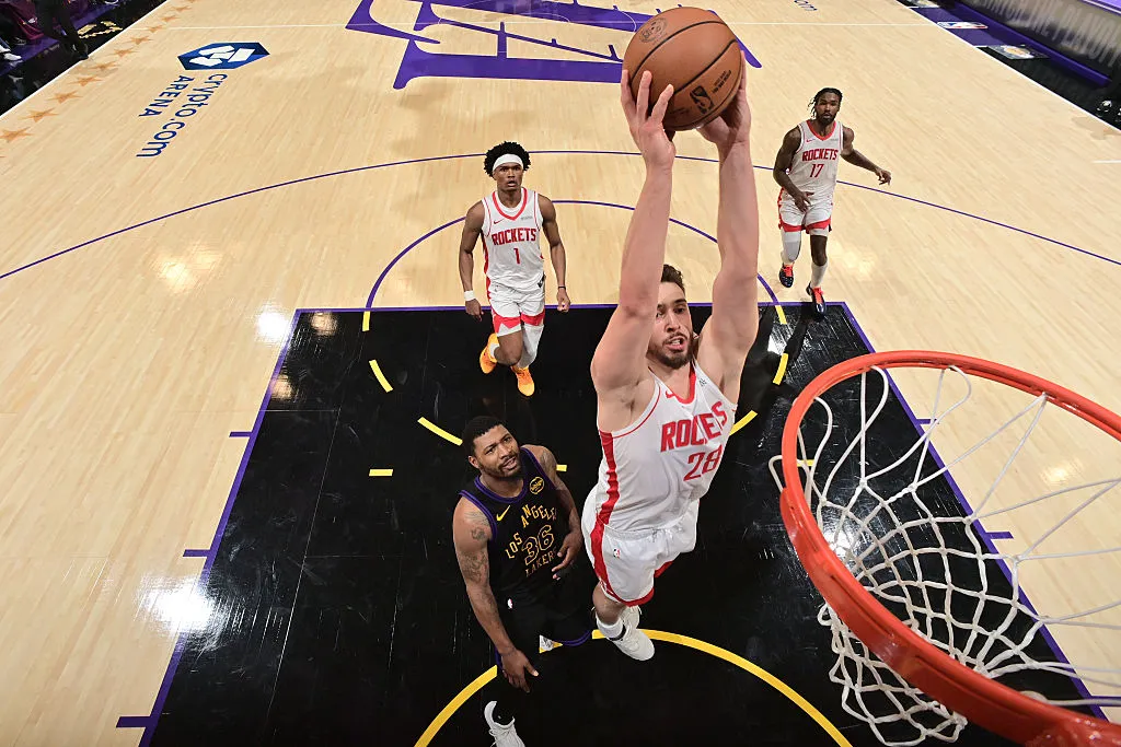 LOS ANGELES, CA - APRIL 21: Alperen Sengun #28 of the Houston Rockets dunks the ball during the game against the Los Angeles Lakers during Round One Game Two of the 2026 NBA Playoffs on April 21, 2026 at Crypto.Com Arena in Los Angeles, California. NOTE TO USER: User expressly acknowledges and agrees that, by downloading and/or using this Photograph, user is consenting to the terms and conditions of the Getty Images License Agreement. Mandatory Copyright Notice: Copyright 2026 NBAE (Photo by Adam Pantozzi/NBAE via Getty Images)