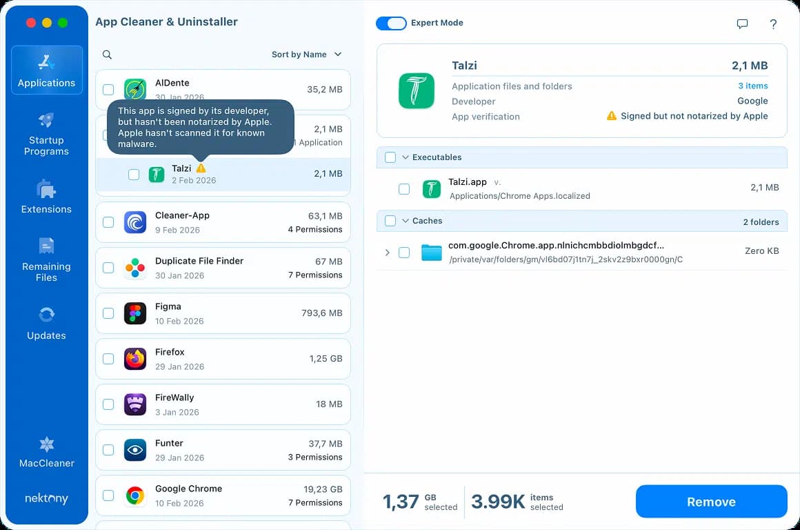 The App Cleaner &amp; Uninstaller app from Nektony running in macOS.