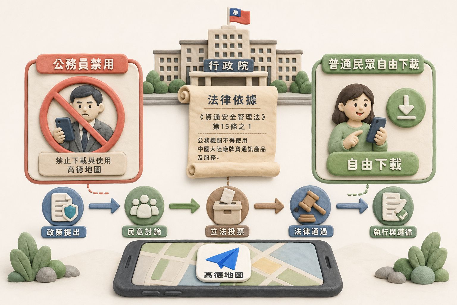 台湾行政机构大楼前有一部手机上的高德地图图标,公务员禁用标识和普通民众自由下载按钮并排出现,中间隔着法律条文卷轴和投票流程箭头,浅色背景的商业评论版橡皮泥平面信息图的统一风格。