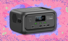 Bluetti Elite 10 mini portable power station on pink and purple abstract background