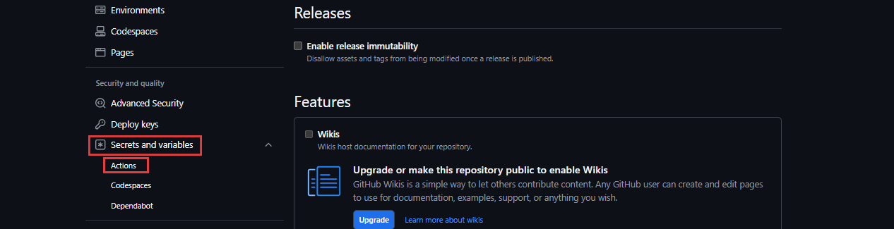 GitHub repository settings sidebar showing Secrets and variables expanded with Actions selected