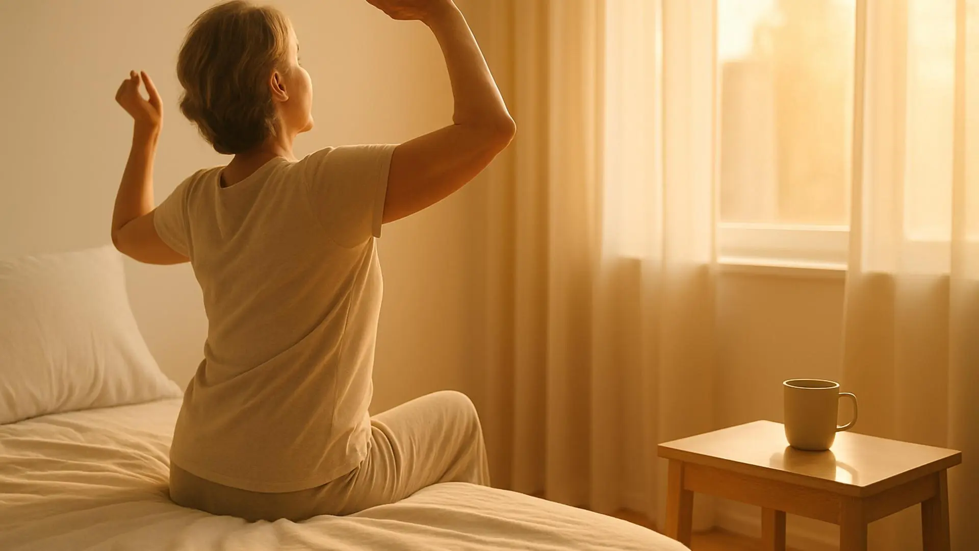 Mujer estirándose en la cama con luz suave de mañana en un dormitorio acogedor.