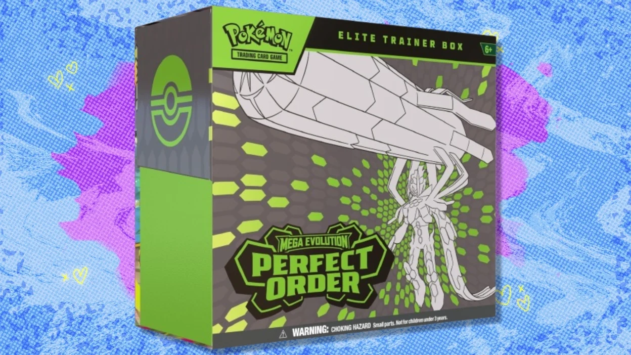 The Pokemon TCG: Perfect Order Elite Trainer Box on a purple and blue background