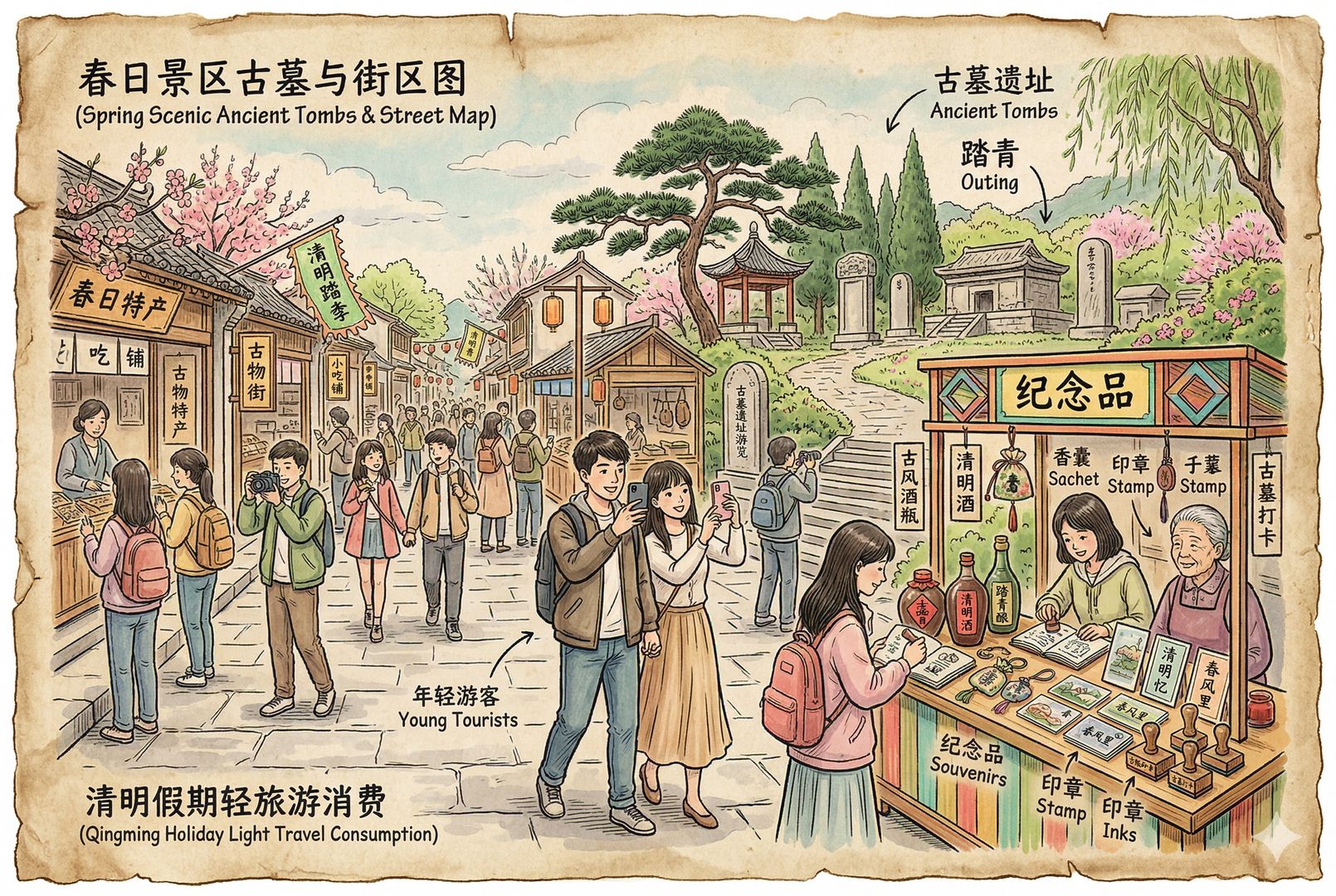 春日景区里的古墓遗址与旅游街区相连,情侣和年轻游客边走边拍照,纪念品小摊摆着酒瓶、香囊、文创卡片和手账印章,清明假期被转化成轻旅游消费场景,羊皮纸,钢笔彩色手绘的统一风格。