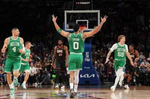 PHILADELPHIA, PA - APRIL 26: Jayson Tatum #0 of the Boston Celtics reacts during the game against the Philadelphia 76ers during Round One Game Four of the 2026 NBA Playoffs on April 26, 2026 at the Wells Fargo Center in Philadelphia, Pennsylvania NOTE TO USER: User expressly acknowledges and agrees that, by downloading and/or using this Photograph, user is consenting to the terms and conditions of the Getty Images License Agreement. Mandatory Copyright Notice: Copyright 2026 NBAE (Photo by Jesse D. Garrabrant/NBAE via Getty Images)