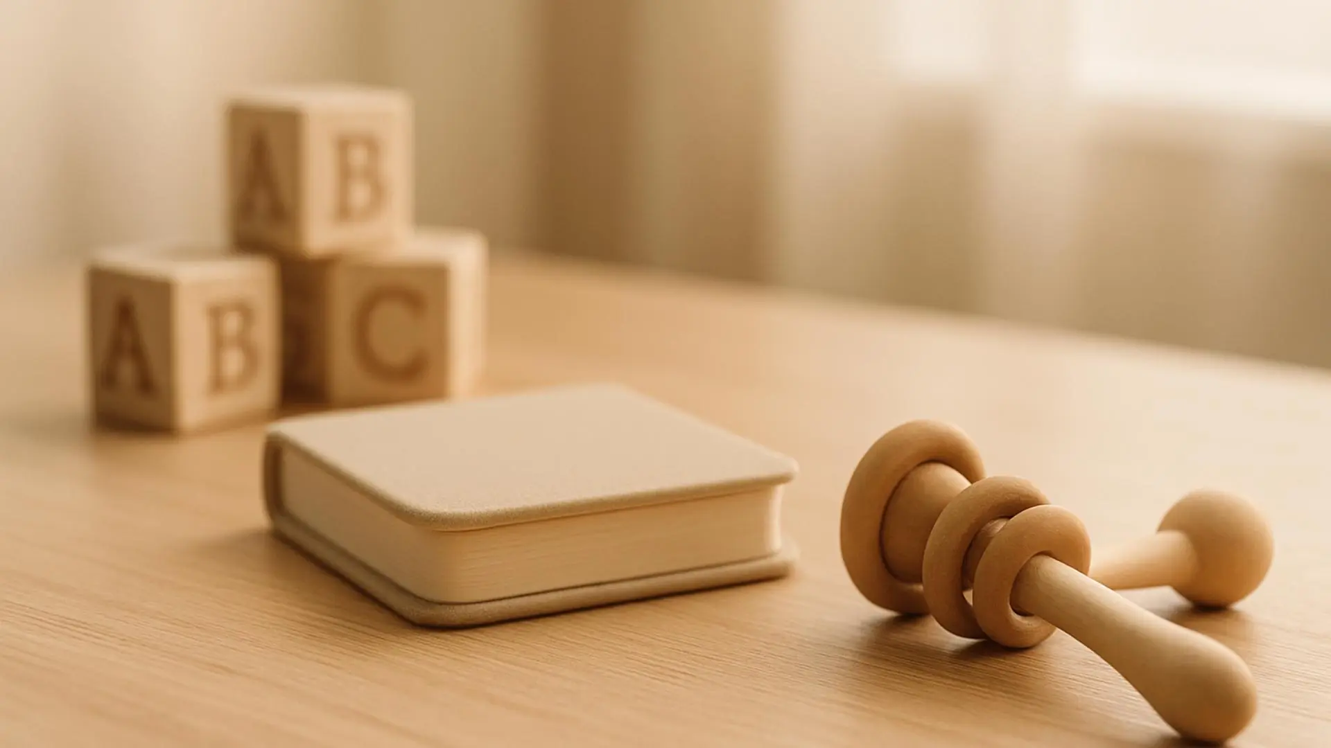 Bloques de madera con letras junto a un libro infantil sobre una mesa iluminada por luz suave.