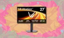 lg 27-inch ultragear qhd oled gaming monitor against a yellow, pink, and green patterned background