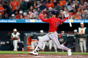 BALTIMORE, MD - APRIL 24: Jarren Duran #16 of the Boston Red Sox hits a single in the third inning during the game between the Boston Red Sox and the Baltimore Orioles at Oriole Park at Camden Yards on Friday, April 24, 2026 in Baltimore, Maryland. (Photo by Alyssa Piazza/MLB Photos via Getty Images)