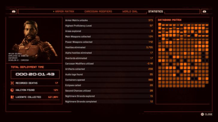 A detailed statistics screen from a game shows various metrics for a character named Arjun Devraj, including 'Total Deployment Time' at '00:20:01:43' and other data like 3,795 hostiles eliminated and 621,894 lucenite collected.