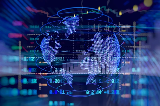 High-tech abstract background global financial market interface with world map and digital candlestick chart overlay. Concept for international economics, blockchain and cryptocurrency trading.