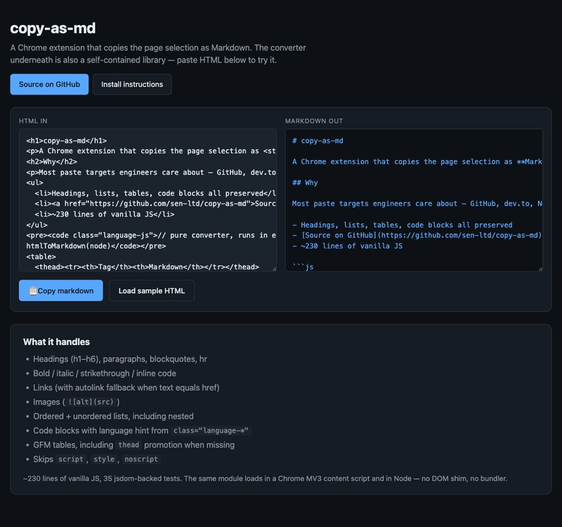 copy-as-md hosted playground: paste HTML on the left, see GFM Markdown rendered on the right in real time. Below is a list of supported HTML tags. Dark theme.