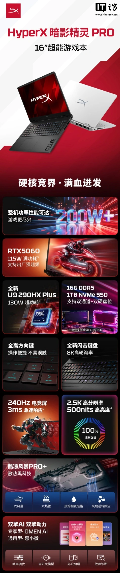 惠普推出 2026 款 HyperX 暗影精灵 PRO 系列游戏本 15/16 英寸,提供 U9 290HX Plus/R9-9955HX 版