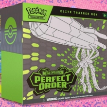The Pokemon TCG: Perfect Order Elite Trainer Box on a purple and red background