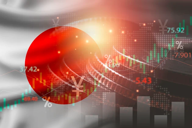 Double exposure of Japan flag on coins stacking and stock market graph chart .It is symbol of Japan high growth economy and technology.