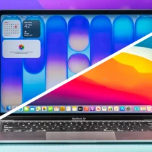 the macbook neo and the m1 macbook air spliced in half diagonally