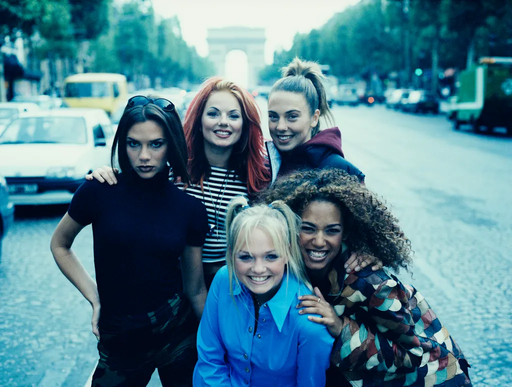 Image may contain Emma Bunton Melanie Brown Victoria Beckham Melanie C Geri Halliwell City Road Street and Urban....