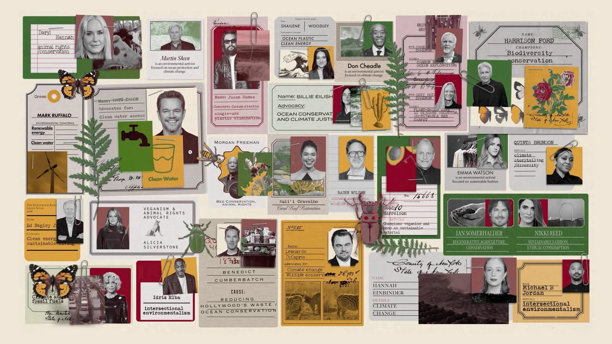 Headshots of celebrities with cards explaining their environmental advocacies