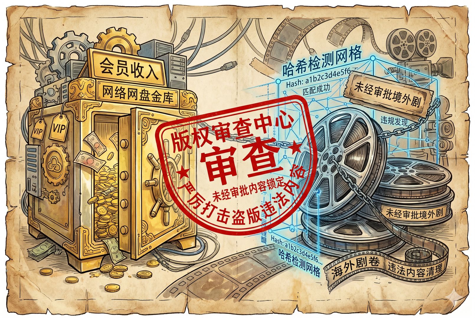 一侧是写着“会员收入”的网盘金库,另一侧是标有“未经审批境外剧”的胶片卷,被红色审查章与哈希检测网格同时锁定,羊皮纸,钢笔彩色手绘的统一风格。